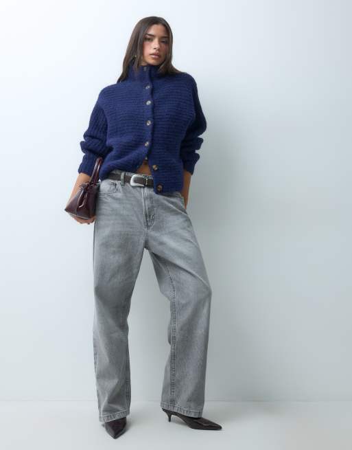 ASOS DESIGN funnel neck button through cardigan in navy, 2 of 5