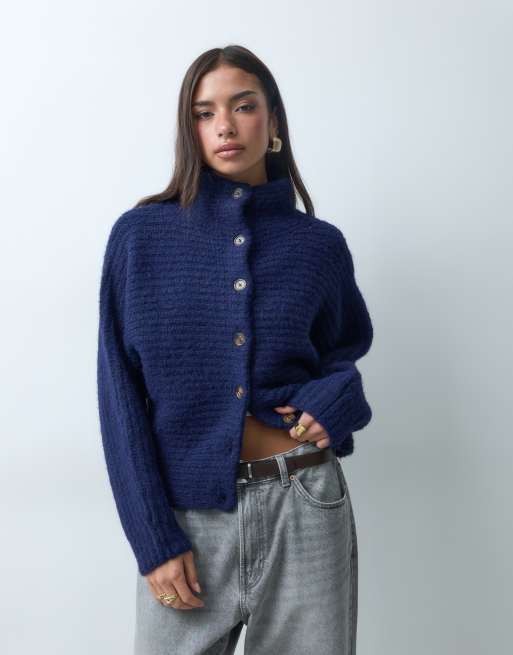 ASOS DESIGN funnel neck button through cardigan in navy, 3 of 5