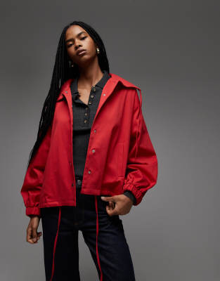 Asos Design Funnel Neck Button Through Jacket In Red