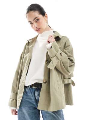 funnel neck cape back cropped trench coat in olive-No color