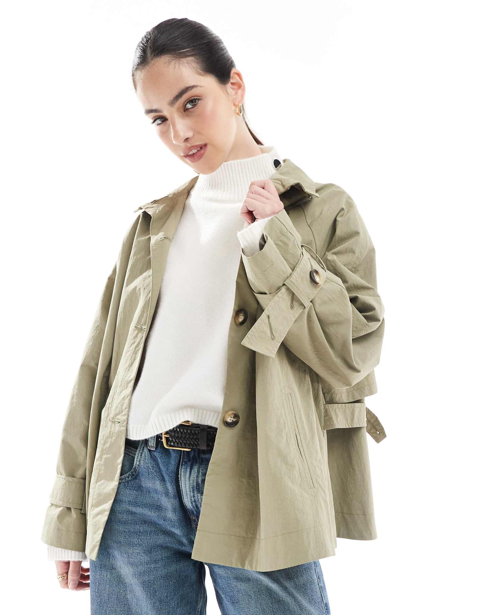 Укороченный тренч с капюшоном и воронкообразным вырезом на спине от ASOS DESIGN оливкового цвета