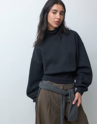 Asos Design Funnel Neck Cinched Waist Brushback Sweatshirt In Blue