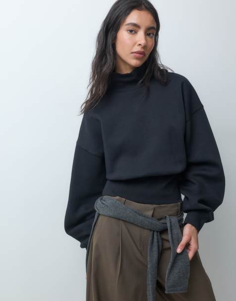 ASOS DESIGN funnel neck cinched waist brushback sweatshirt in black - view 1