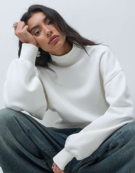 ASOS DESIGN funnel neck cinched waist brushback sweatshirt in ivory - view 1