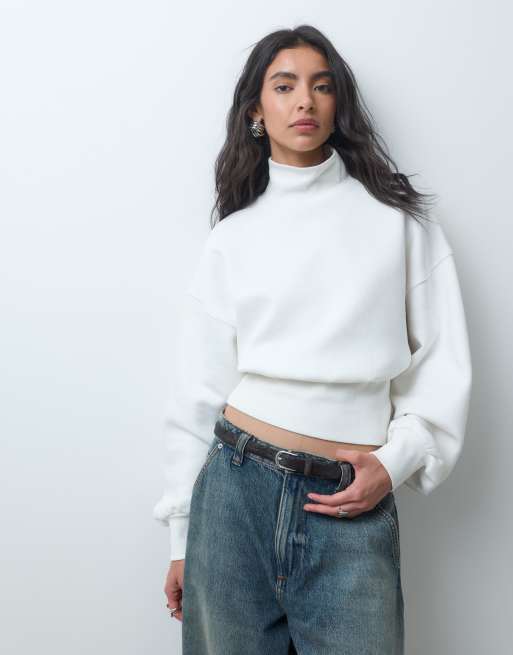 ASOS DESIGN funnel neck cinched waist brushback sweatshirt in ivory, 2 of 4