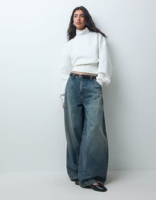 ASOS DESIGN funnel neck cinched waist brushback sweatshirt in ivory, 3 of 4