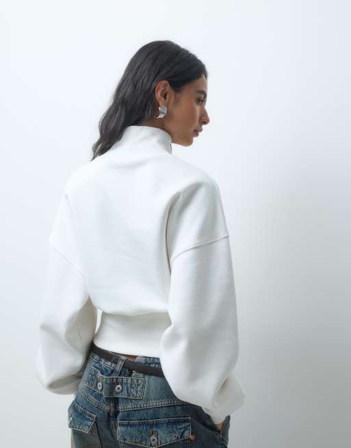 ASOS DESIGN funnel neck cinched waist brushback sweatshirt in ivory, 4 of 4