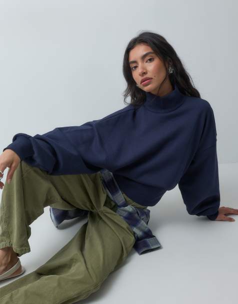 ASOS DESIGN funnel neck cinched waist brushback sweatshirt in navy - view 1