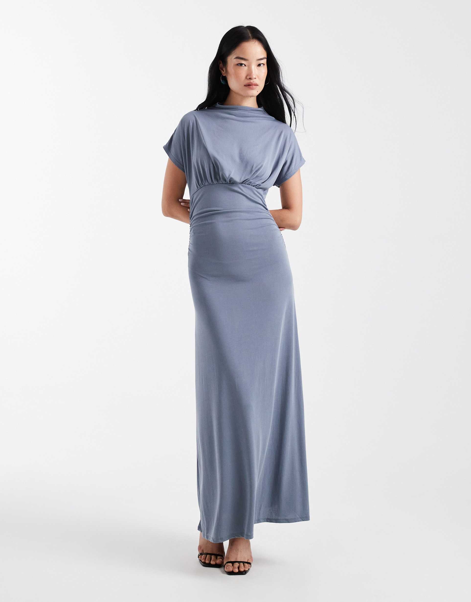 asos design funnel neck cinched waist maxi dress in blue gray