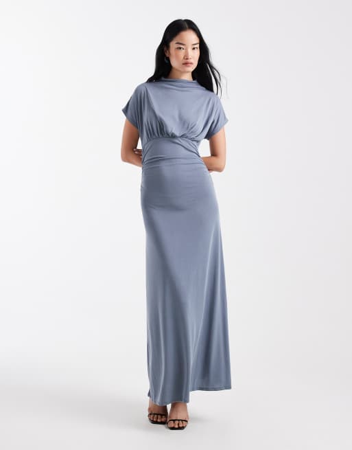 ASOS DESIGN funnel neck cinched waist maxi dress in blue gray | ASOS
