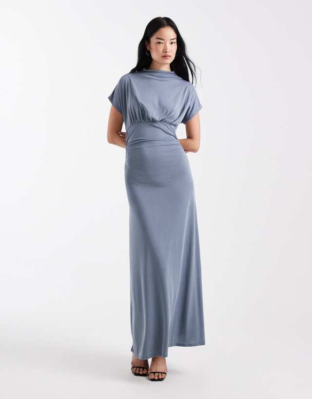 ASOS DESIGN funnel neck cinched waist maxi dress in blue gray