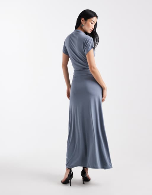 ASOS DESIGN funnel neck cinched waist maxi dress in blue gray, 3 of 4