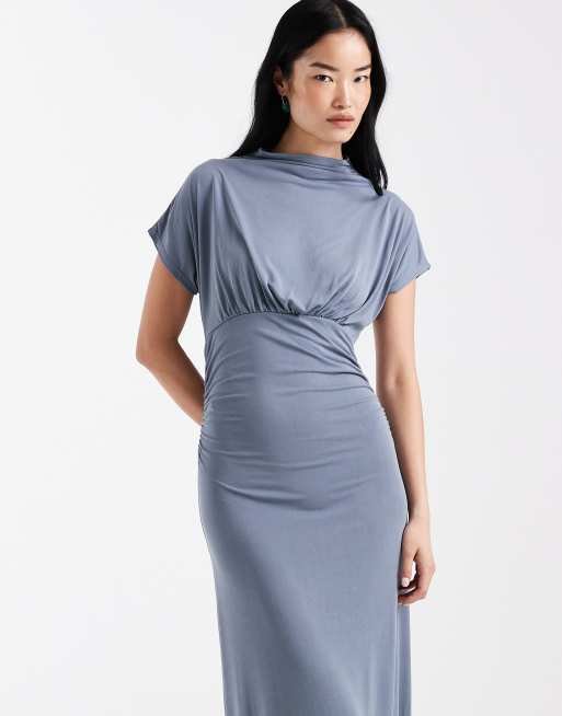ASOS DESIGN funnel neck cinched waist maxi dress in blue grey, 4 of 4