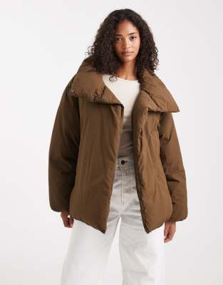 Asos Design Funnel Neck Clean Puffer Jacket In Brown