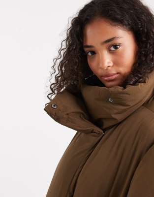 Asos Design Funnel Neck Clean Puffer Jacket In Brown