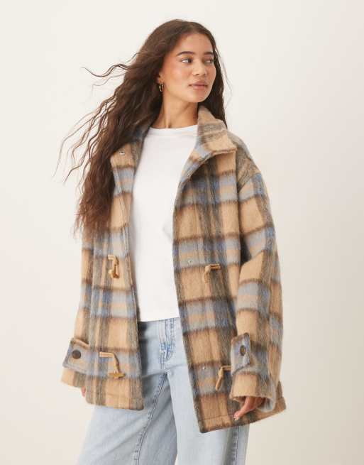 ASOS DESIGN funnel neck coat with wool and toggle detail in heritage check, 4 of 4