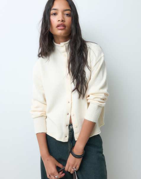 ASOS DESIGN funnel neck concealed placket relaxed cardigan in cream - view 1