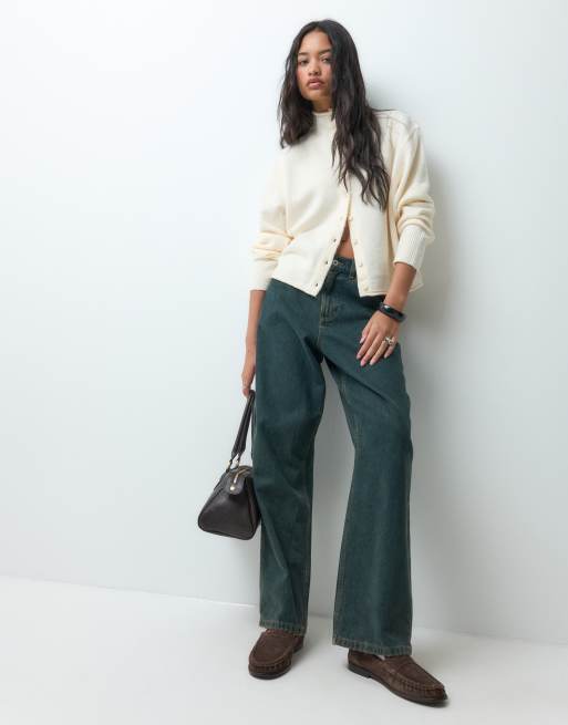 ASOS DESIGN funnel neck concealed placket relaxed cardigan in cream, 2 of 5