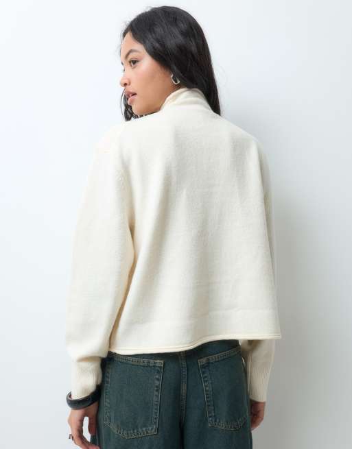 ASOS DESIGN funnel neck concealed placket relaxed cardigan in cream, 4 of 5