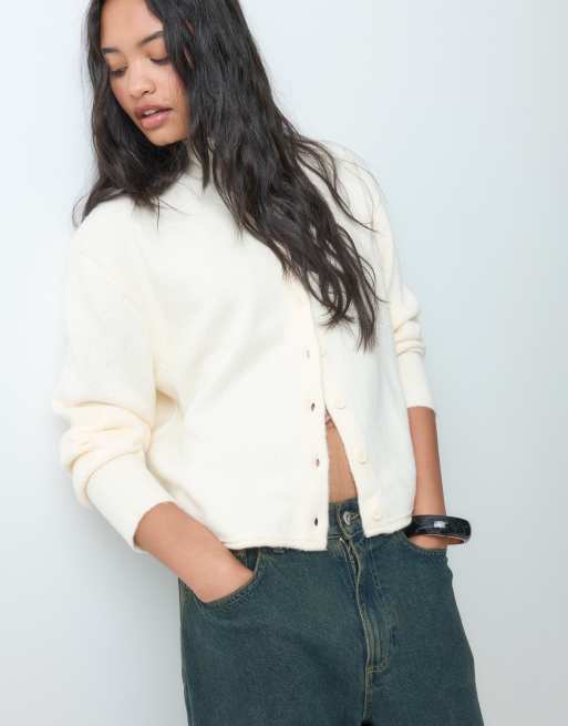 ASOS DESIGN funnel neck concealed placket relaxed cardigan in cream, 5 of 5
