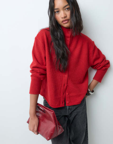 ASOS DESIGN funnel neck concealed placket relaxed cardigan in red - view 1