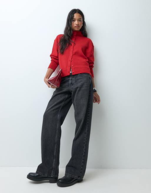 ASOS DESIGN funnel neck concealed placket relaxed cardigan in red, 3 of 5