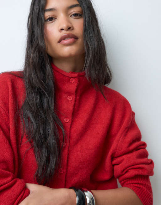 ASOS DESIGN funnel neck concealed placket relaxed cardigan in red, 4 of 5