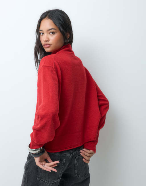 ASOS DESIGN funnel neck concealed placket relaxed cardigan in red, 5 of 5