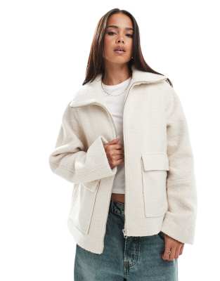 ASOS DESIGN funnel neck cozy pocket detail jacket in marshmallow