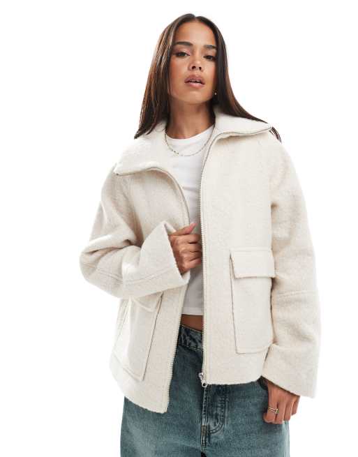 ASOS DESIGN funnel neck cozy pocket detail jacket in oatmeal