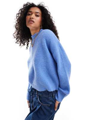 Asos Design Crew Neck Sweater With Wide Cuff And Split In Alpaca Wool Blend In Blue