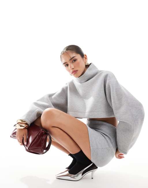 ASOS DESIGN funnel neck crop top with cocoon sleeve in gray heather - part of a set