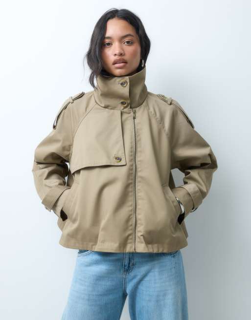 ASOS DESIGN funnel neck cropped cape trench coat in rye, 2 of 5
