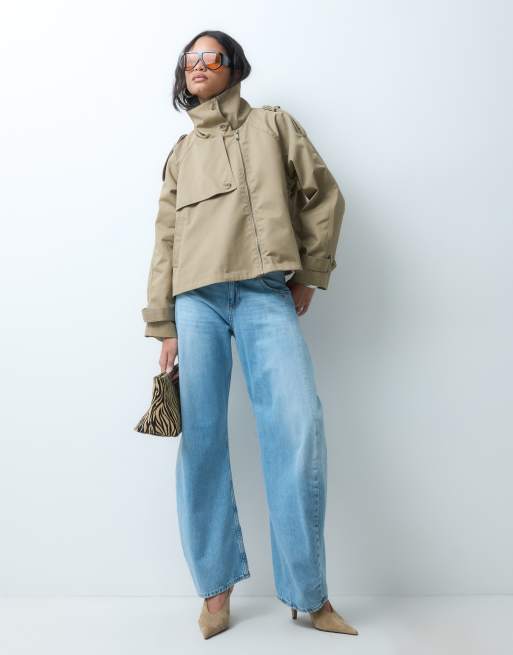 ASOS DESIGN funnel neck cropped cape trench coat in rye, 3 of 5