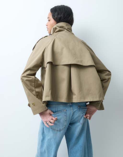 ASOS DESIGN funnel neck cropped cape trench coat in rye, 4 of 5