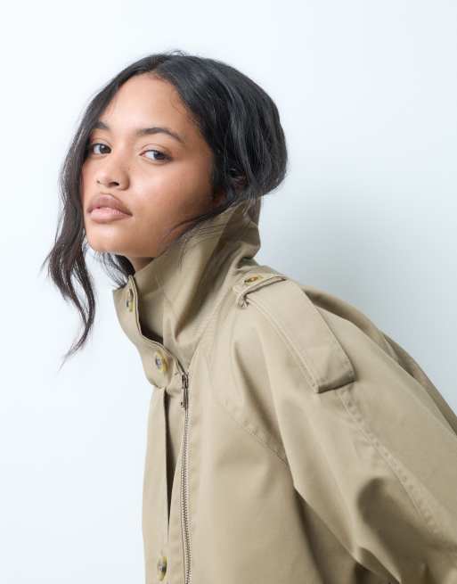 ASOS DESIGN funnel neck cropped cape trench coat in rye, 5 of 5