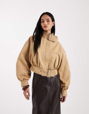 Asos Design Funnel Neck Cropped Jacket With Buckle Detail In Neutral