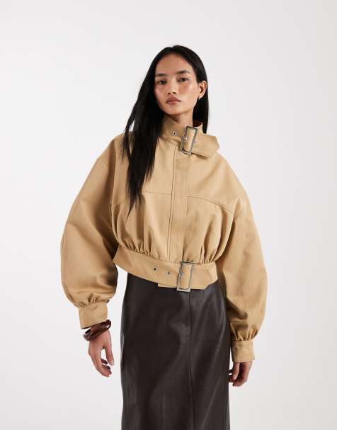 ASOS DESIGN funnel neck cropped jacket with buckle detail in stone