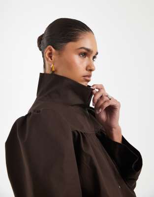 funnel neck cropped volume jacket in brown