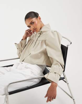 funnel neck cropped volume jacket in stone-Neutral