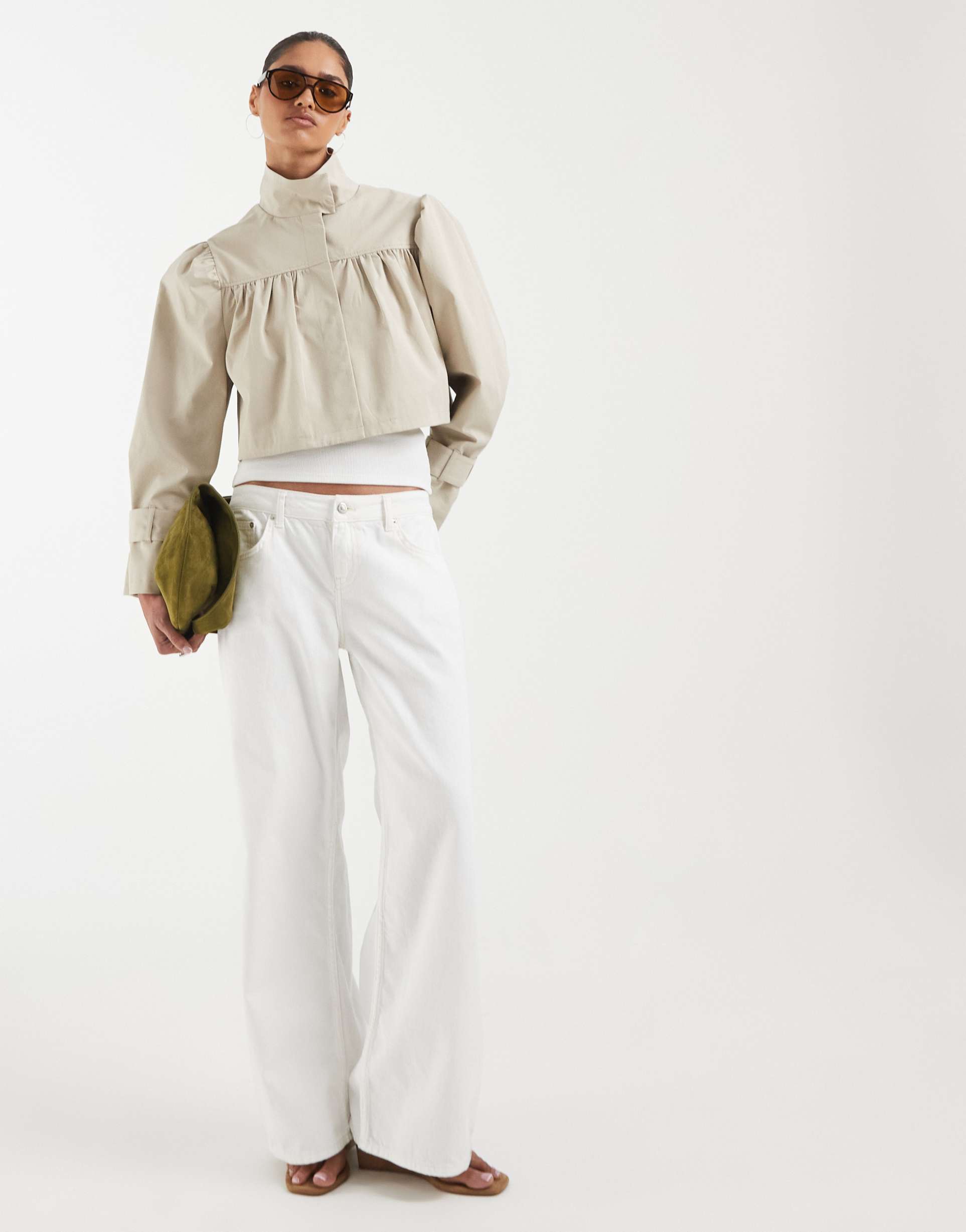 asos design funnel neck cropped volume jacket in stone