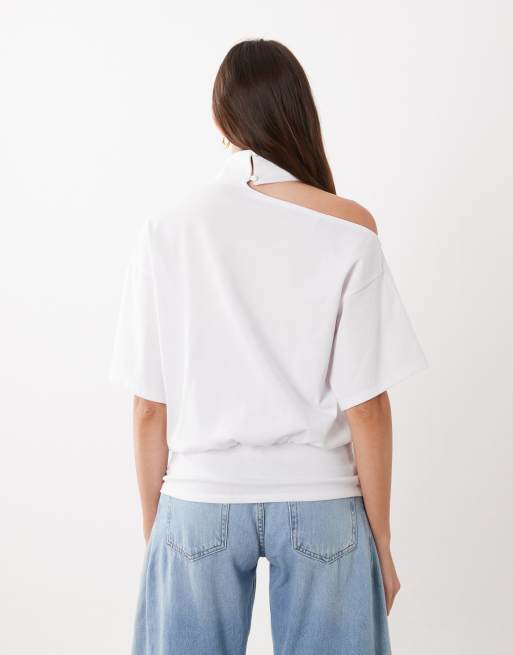 ASOS DESIGN Funnel neck cut out shoulder top in white, 4 of 4
