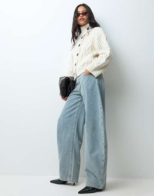 ASOS DESIGN funnel neck detail cable cardigan in cream, 2 of 5