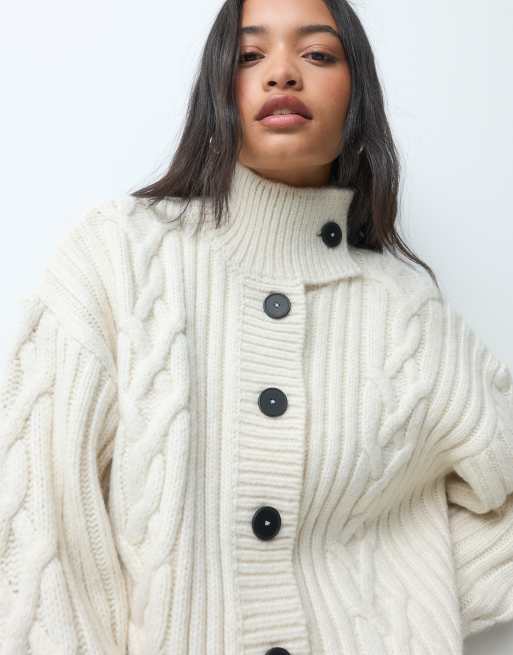 ASOS DESIGN funnel neck detail cable cardigan in cream, 3 of 5