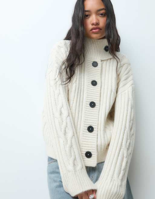 ASOS DESIGN funnel neck detail cable cardigan in cream, 5 of 5