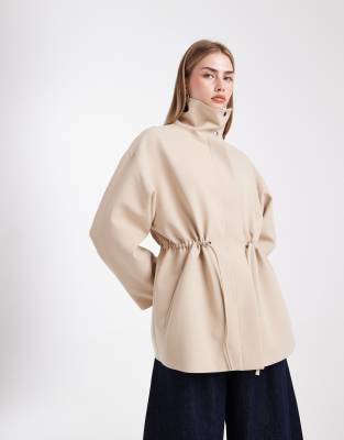 Asos Design Funnel Neck Drawstring Waist Blazer In Neutral
