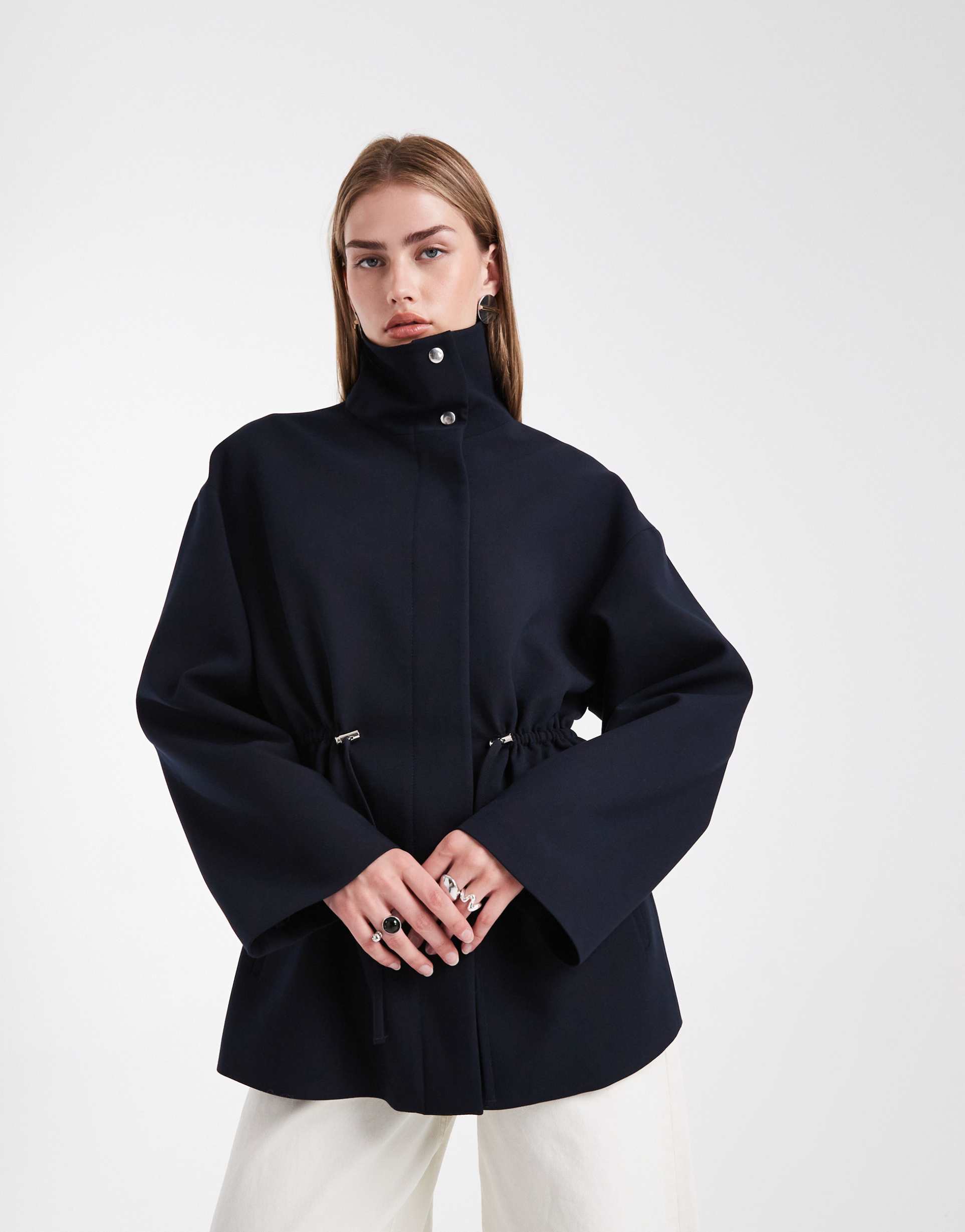 asos design funnel neck drawstring waist blazer in navy