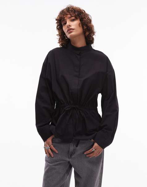 ASOS DESIGN funnel neck drawstring waist shirt in black - view 1