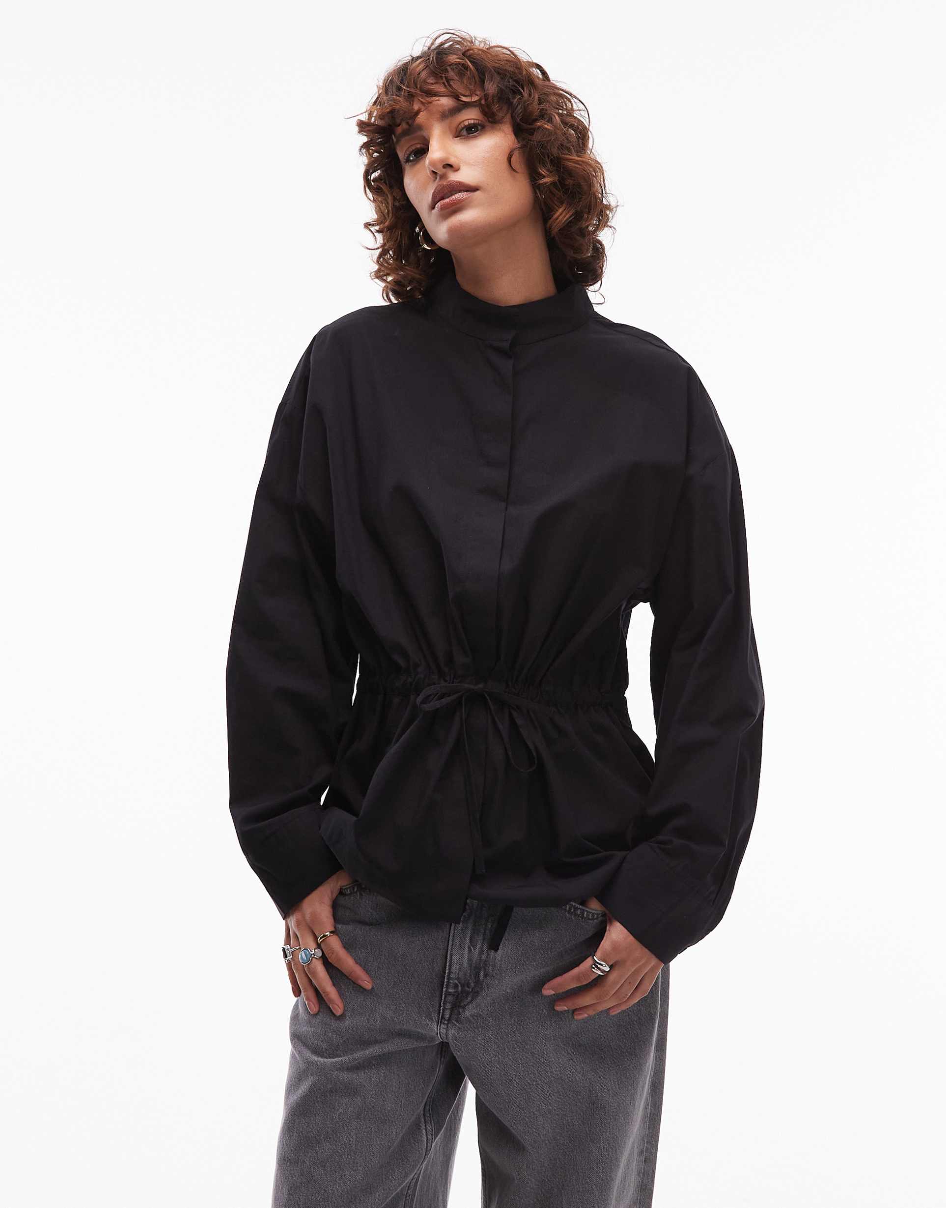 asos design funnel neck drawstring waist shirt in black