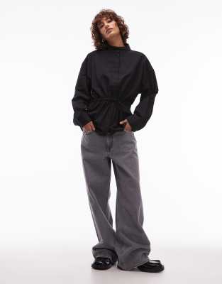 Asos Design Funnel Neck Drawstring Waist Shirt In Black